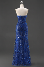 Sparkly Gold Mermaid Sequins Sweetheart Long Corset Prom Dress with Slit