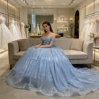 Imagem real céu azul boné manga pérolas em camadas vestido de baile tule shinny feminino festa de formatura ocasião wear quinceanera 15 personalizado