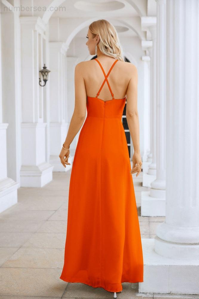 Vestido de Festa Comprido até ao Chão para Damas de Honra, em Chiffon, com Alças Finas, Decote em V e Fenda Frontal, para Baile, Festa e Casamento 28116