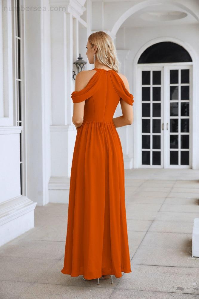 Abito da sera da damigella in chiffon con spalle scoperte, maniche a campana e spacco frontale, abito da festa nuziale 28117