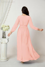 Evening Dresses Deep V-Neck Chiffon Bridesmaid Dresses Long Bishop Sleeve Side Split Formal Dress 2806