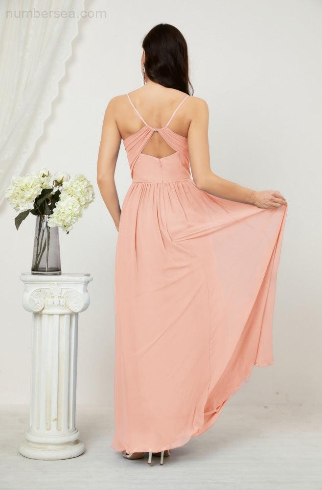 Neck Bridesmaid Dresses Chiffon Long Spaghetti A-line Formal Prom Gown for Wedding Party Evening 2801