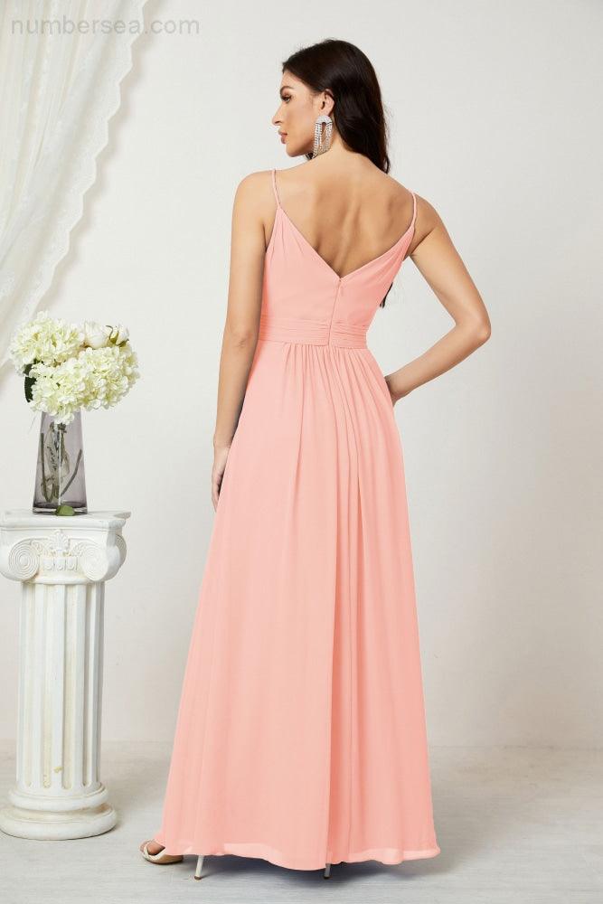 Chiffon V-Neck Bridesmaid Dress Spaghetti Strap Long Formal Party Prom Gowns with Slit 28010