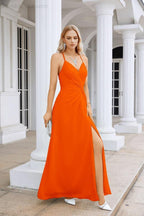 Vestido de Festa Comprido até ao Chão para Damas de Honra, em Chiffon, com Alças Finas, Decote em V e Fenda Frontal, para Baile, Festa e Casamento 28116