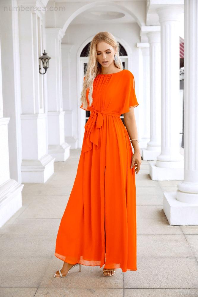 Robe de soirée longue jusqu'au sol pour demoiselle d'honneur, manches en mousseline, encolure ronde, fente avant, pour mariage et fête 28124