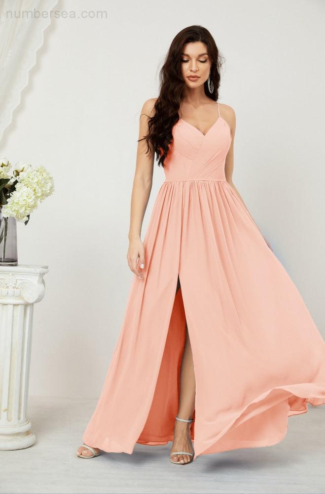 Neck Bridesmaid Dresses Chiffon Long Spaghetti A-line Formal Prom Gown for Wedding Party Evening 2801