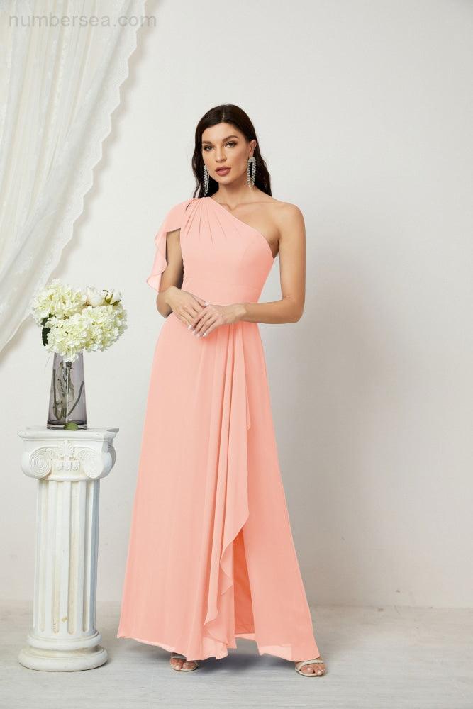 Chiffon Ruffled One Shoulder Long Bridesmaid Dresses A-line Formal Evening Gown Side Split 2809