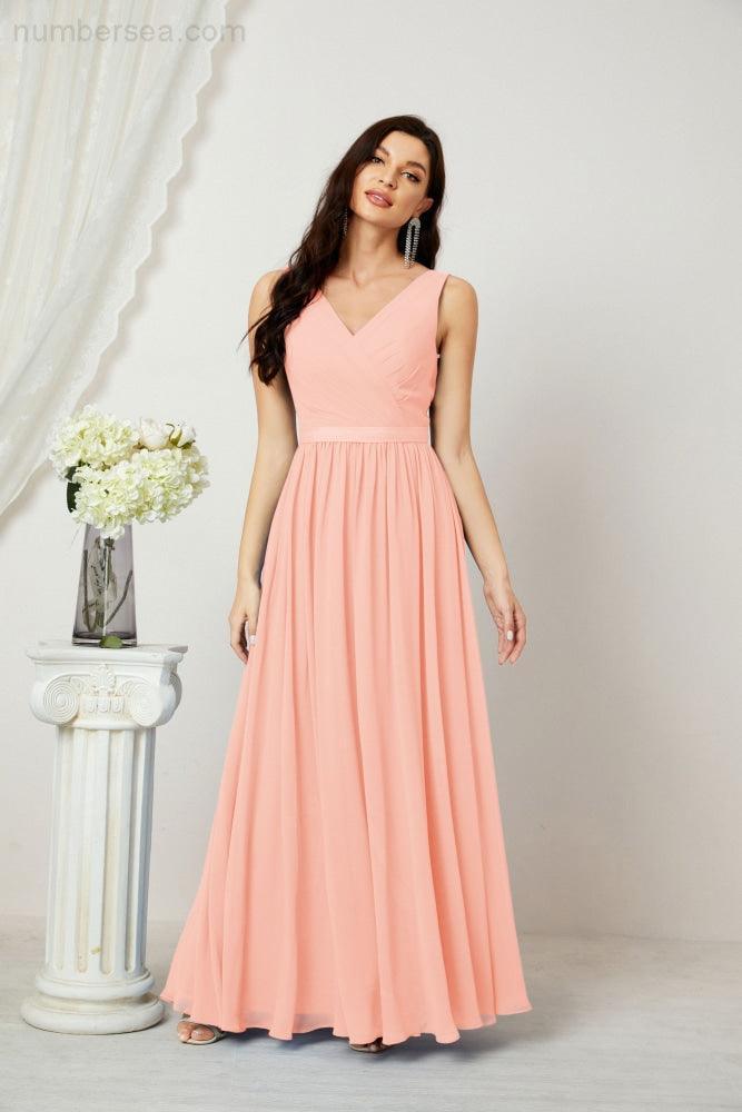 Abiti lunghi da damigella in chiffon da donna, linea a, senza maniche, abito formale da ballo per serata, abiti per festa di ritorno a casa 2808