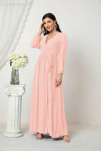 Evening Dresses Deep V-Neck Chiffon Bridesmaid Dresses Long Bishop Sleeve Side Split Formal Dress 2806