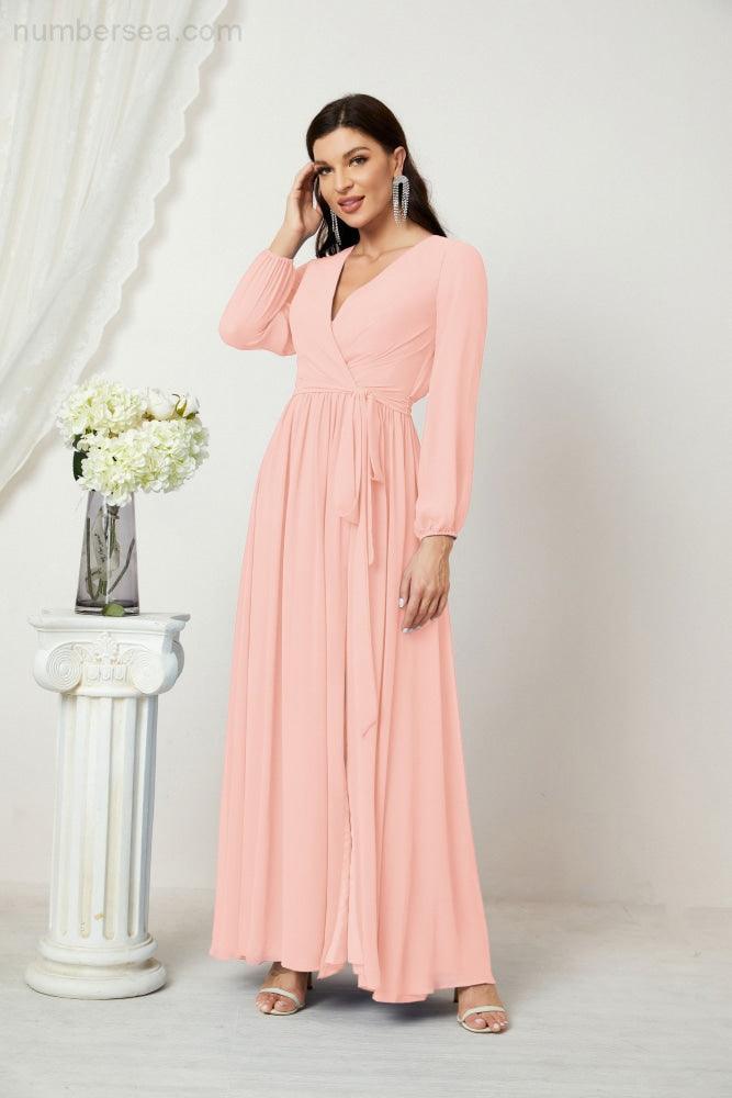 Evening Dresses Deep V-Neck Chiffon Bridesmaid Dresses Long Bishop Sleeve Side Split Formal Dress 2806