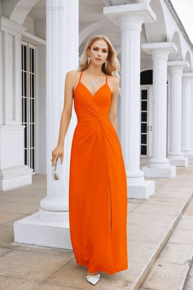 Vestido de Festa Comprido até ao Chão para Damas de Honra, em Chiffon, com Alças Finas, Decote em V e Fenda Frontal, para Baile, Festa e Casamento 28116