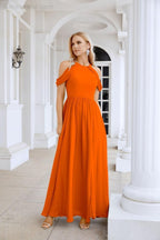 Abito da sera da damigella in chiffon con spalle scoperte, maniche a campana e spacco frontale, abito da festa nuziale 28117