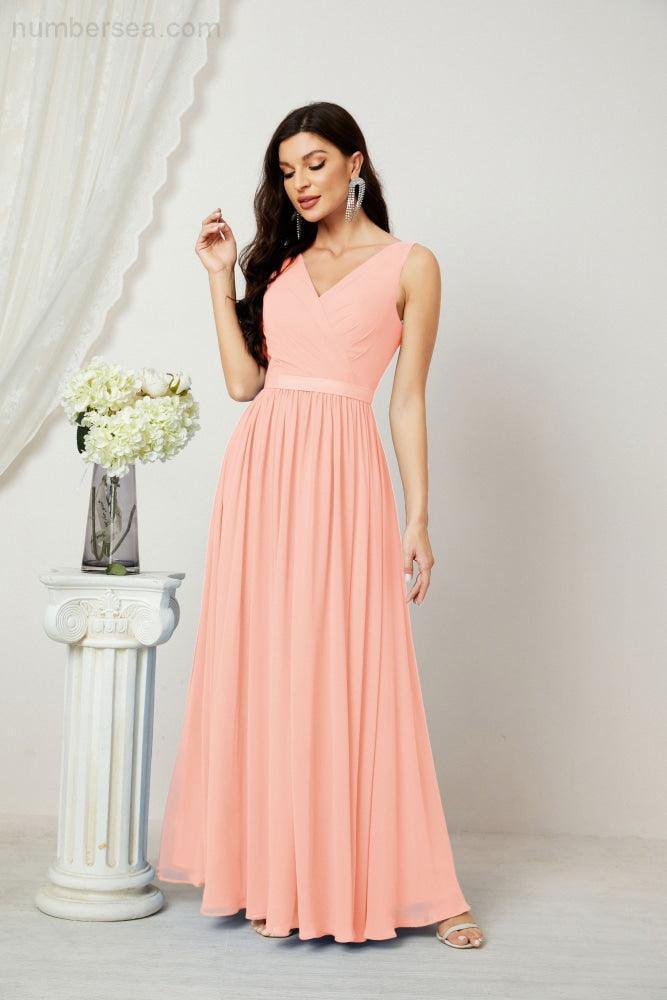 Abiti lunghi da damigella in chiffon da donna, linea a, senza maniche, abito formale da ballo per serata, abiti per festa di ritorno a casa 2808