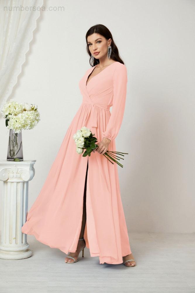 Evening Dresses Deep V-Neck Chiffon Bridesmaid Dresses Long Bishop Sleeve Side Split Formal Dress 2806