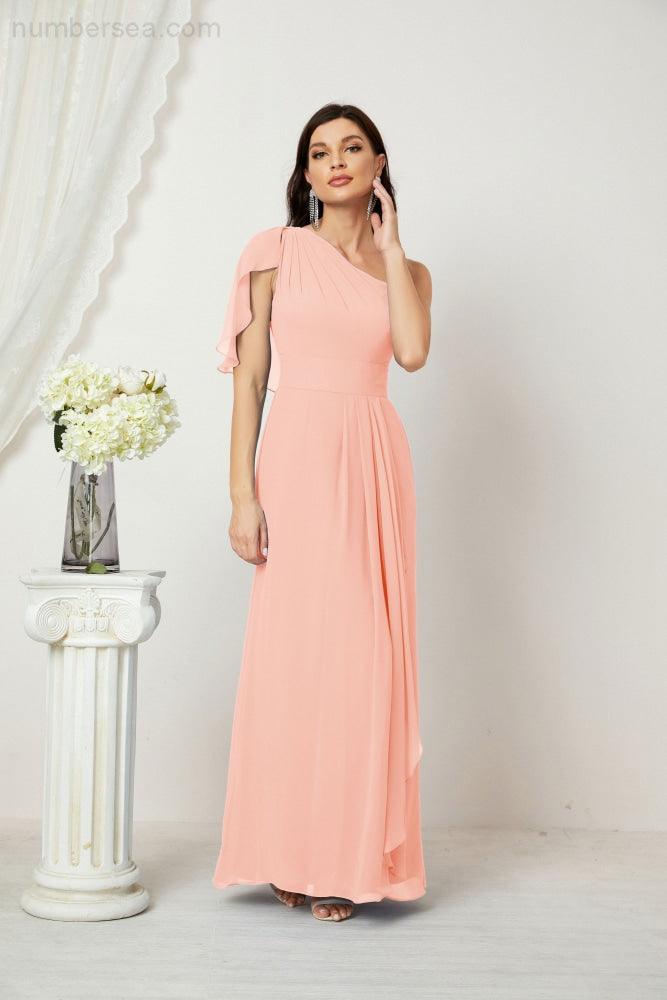 Chiffon Ruffled One Shoulder Long Bridesmaid Dresses A-line Formal Evening Gown Side Split 2809