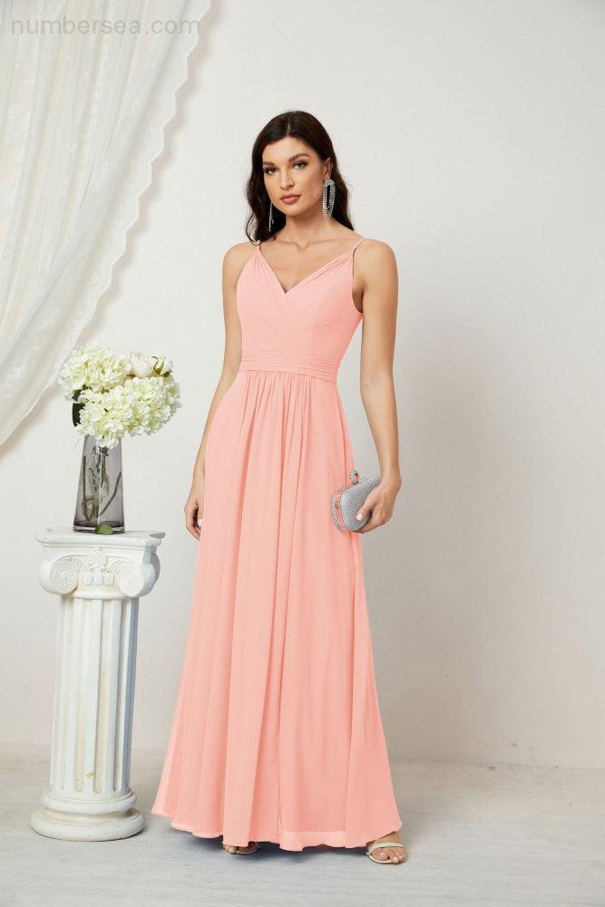 Chiffon V-Neck Bridesmaid Dress Spaghetti Strap Long Formal Party Prom Gowns with Slit 28010
