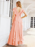 Ruffled Bridesmaid Dresses with Sleeves Long Formal Party Dress 28041