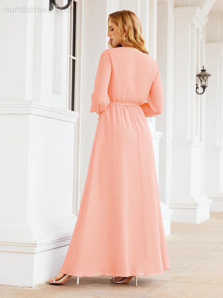 Vestito da damigella d'onore in chiffon da donna Numbersea, linea a trapezio, maniche lunghe, abito lungo formale da sera per ospite di matrimonio 28032
