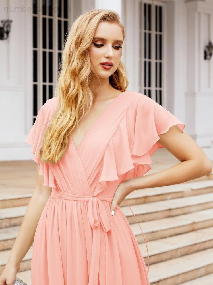 Abiti da sera formali da donna Numbersea con schiena scoperta, scollo a V, lunghi in chiffon, abiti da damigella con cintura in vita 28038