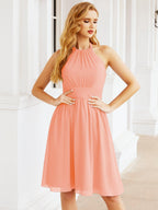 Halter Chiffon Bridesmaid Dresses Short Sleeveless Formal Party Dress Open Back 28023