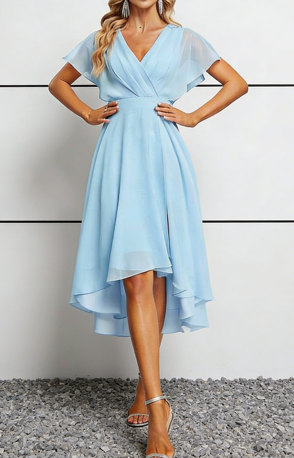 Abito midi azzurro cielo in chiffon con scollo a V e orlo asimmetrico con maniche svolazzanti