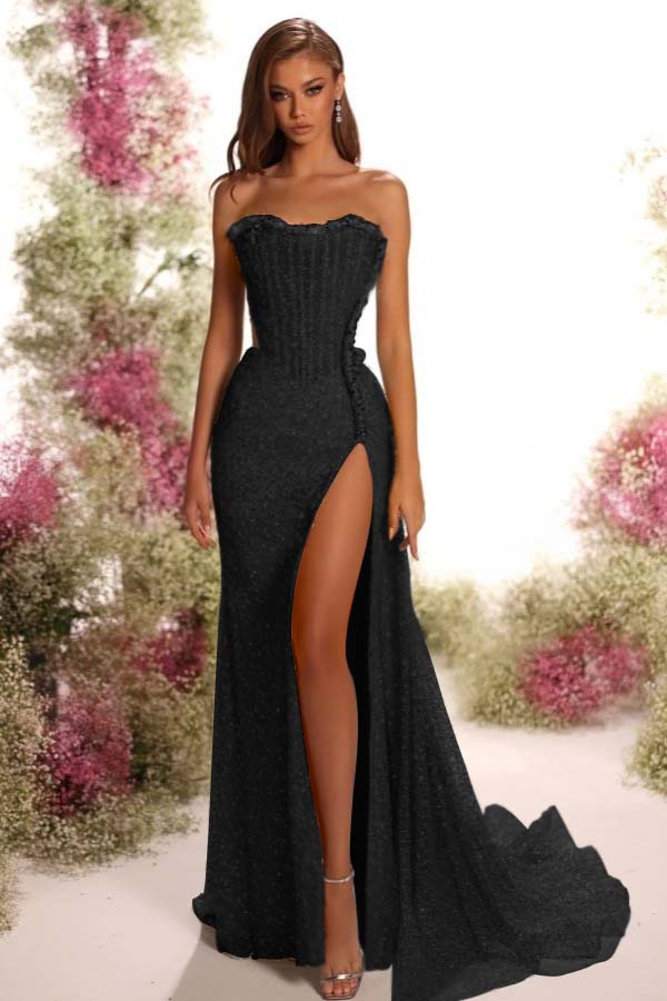 Vestido de baile sem alças sem mangas com lantejoulas plissadas e corte comprido