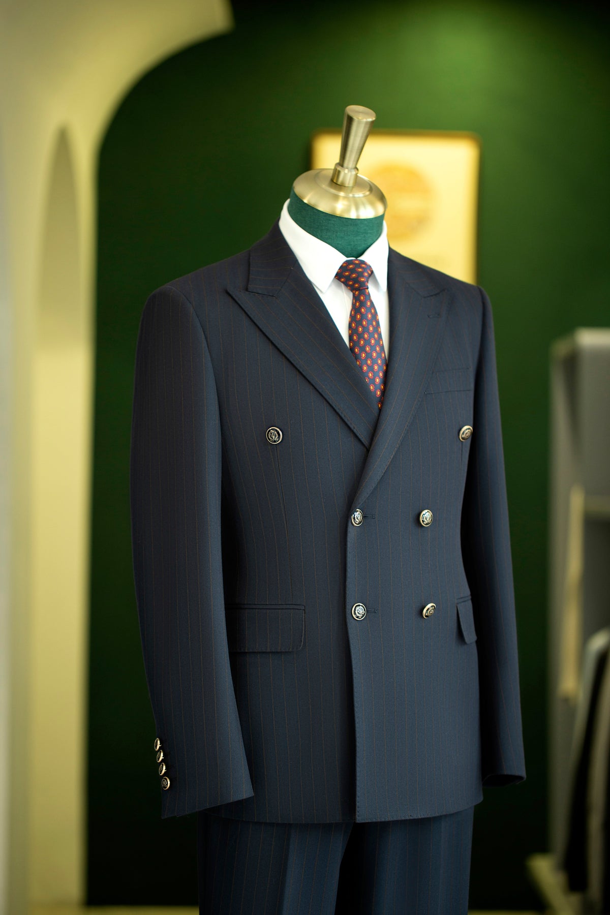 Navy Pinstripe Wool Double Breasted Suit Tailored For Formal Groom And Business