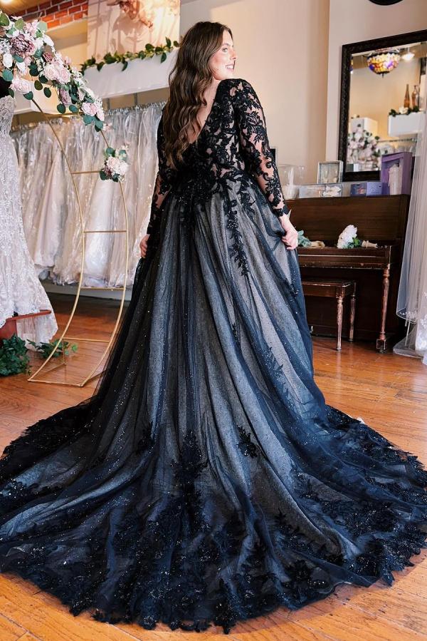 Bmbridal Black Long Sleeves Wedding Reception Dress V Neck With Lace Appliques