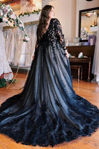 Bmbridal Black Long Sleeves Wedding Reception Dress V Neck With Lace Appliques