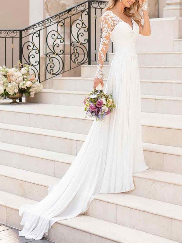Long Sleeve Tulle Lace Wedding Dress With Elegant Appliques