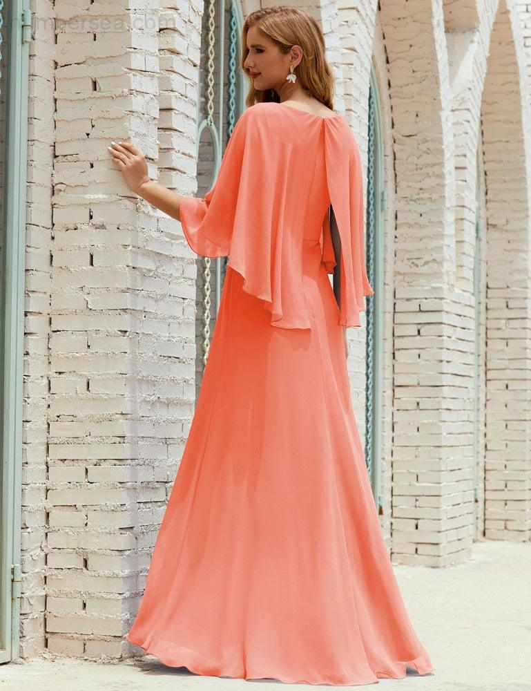 Bridesmaid Dress Women Long Sleeve V-Neck Chiffon Formal Wedding Party Dress 28018