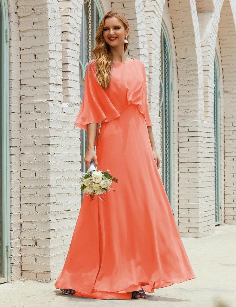 Bridesmaid Dress Women Long Sleeve V-Neck Chiffon Formal Wedding Party Dress 28018