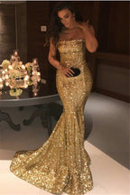 Robe de soirée sirène longue élégante sans bretelles ornée de paillettes
