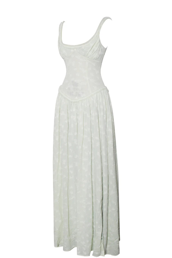 Vestido Maxi Ulissa Verde Claro com Decote Quadrado, Textura Jacquard e Fenda Alta