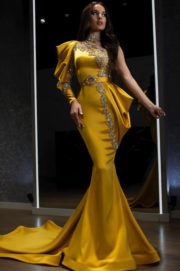 Robe de bal longue à une épaule, manches longues, style sirène, jaune, avec perles
