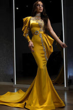 Robe de bal longue à une épaule, manches longues, style sirène, jaune, avec perles