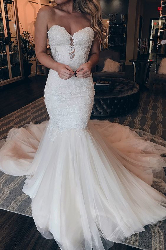 Bmbridal Sweetheart Lace Mermaid Sleeveless Wedding Dress With Tulle Skirt