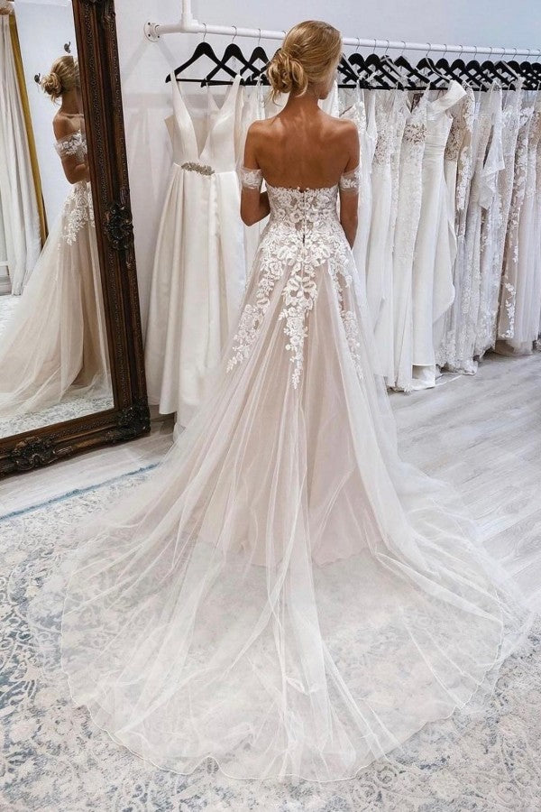 Off The Shoulder Champagne Backless Wedding Dress With Tulle Lace Appliques
