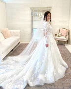 Vintage Open Back Long A Line High Neck Wedding Dress With Lace Sleeves