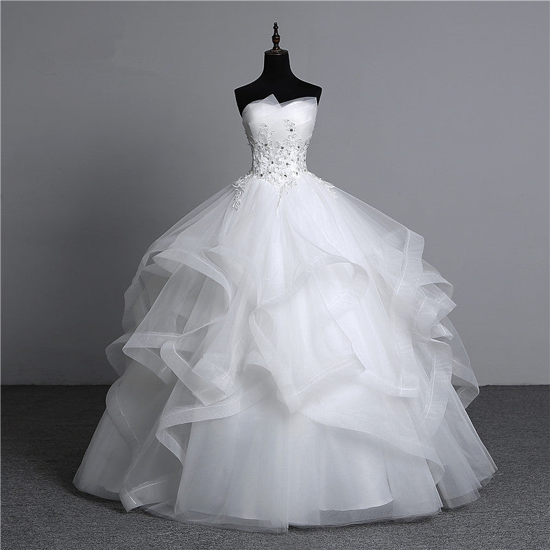 Strapless Tulle Layered Ball Gown Wedding Dress with Appliques and Beading