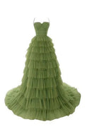 Robe de bal élégante en tulle à fines bretelles spaghetti, robe de soirée vert olive Y1244