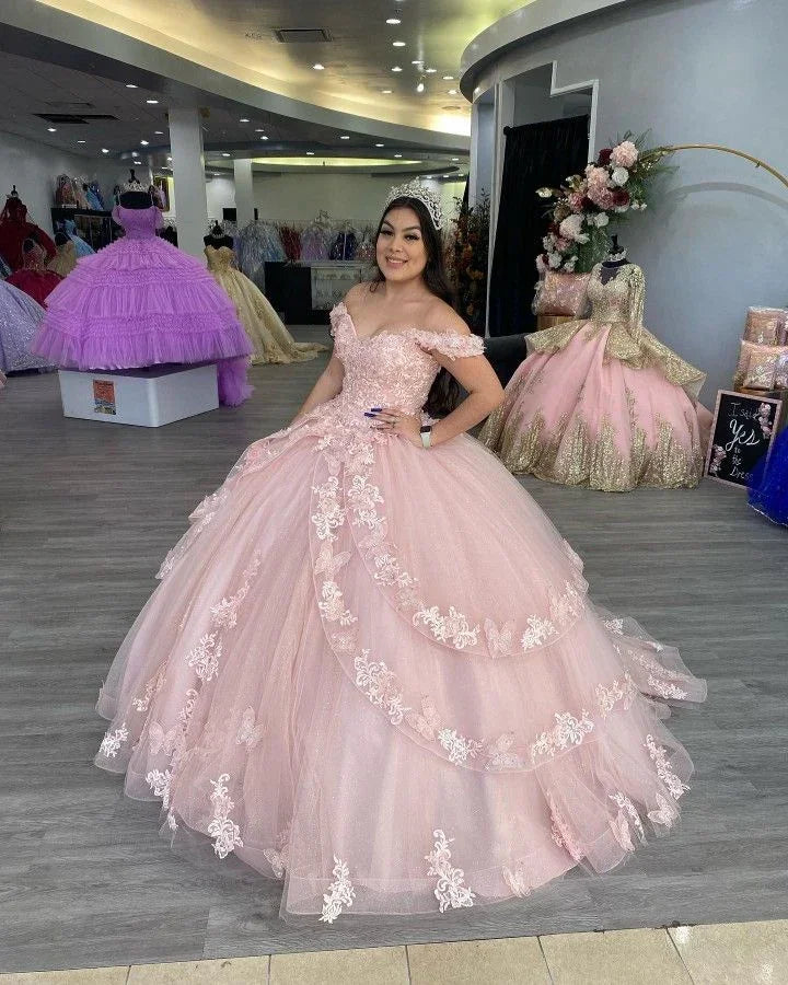 Robe de bal en dentelle et tulle rose à épaules dénudées, robe de seize ans Y2267