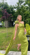 Vestido largo ajustado para fiesta y baile de graduación verde oliva con un solo hombro Vestido de noche para baile de graduación Y8009