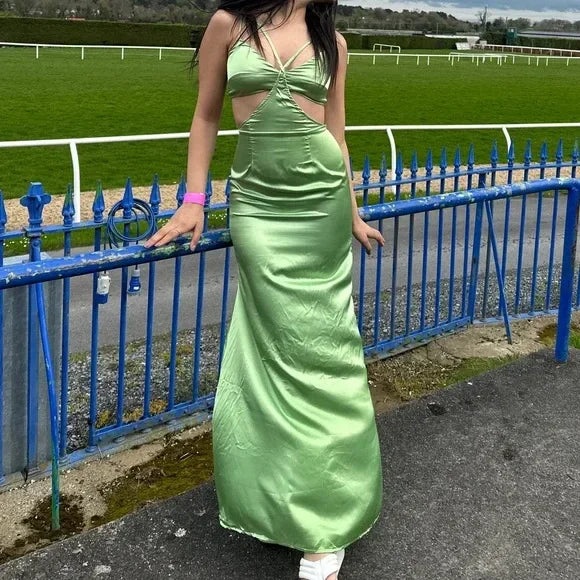 Vestido de Baile Longo Verde Sedoso com Recortes Sexy Vestido de Noite Longo Y8549