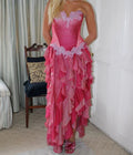 Vestido de noite vintage cor-de-rosa choque com folhos de renda e chiffon, vestido de baile sem alças Y8252