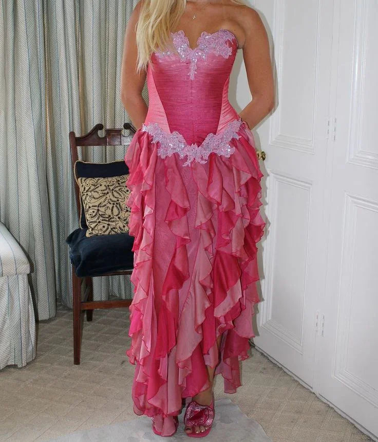 Vestido de noite vintage cor-de-rosa choque com folhos de renda e chiffon, vestido de baile sem alças Y8252