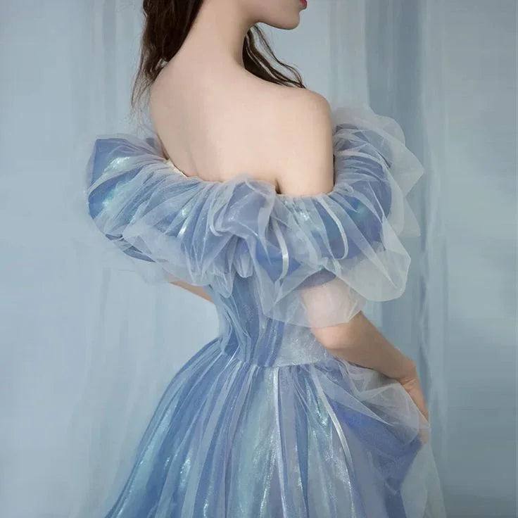 Vestido longo romântico de tule azul em linha A para baile de finalistas vestido de noite Y6572
