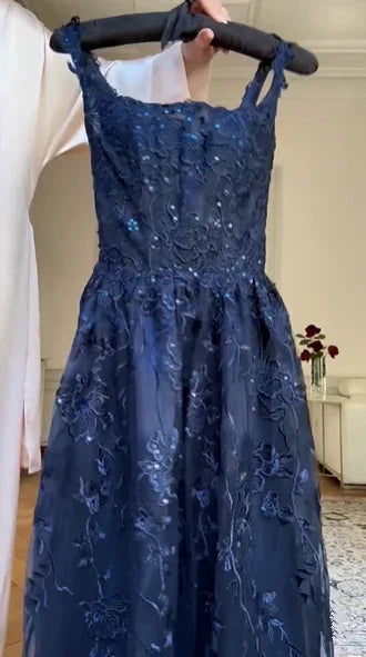 Azul marinho linha a renda apliques vestido de baile elegante vestido de noite y7830