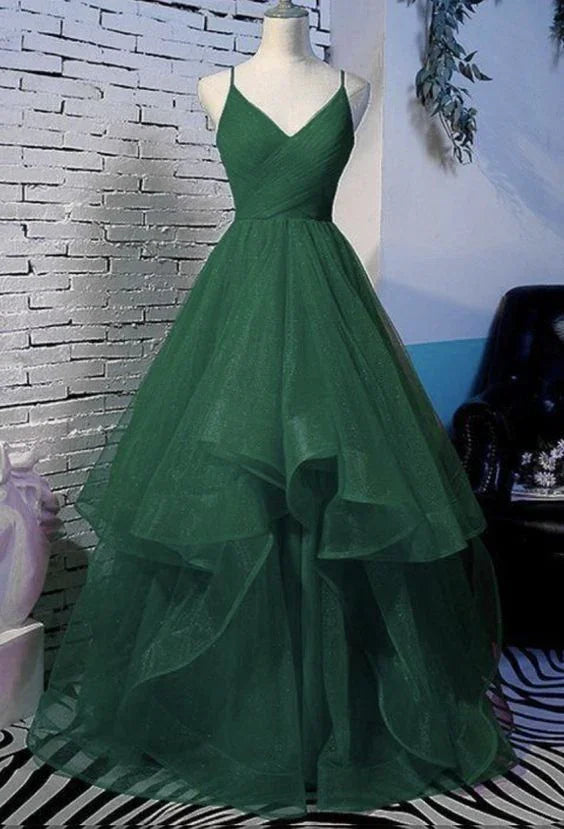 Vestido largo de tul verde con escote en V, plisado y brillo, corte en línea A para fiesta o gala Y6440