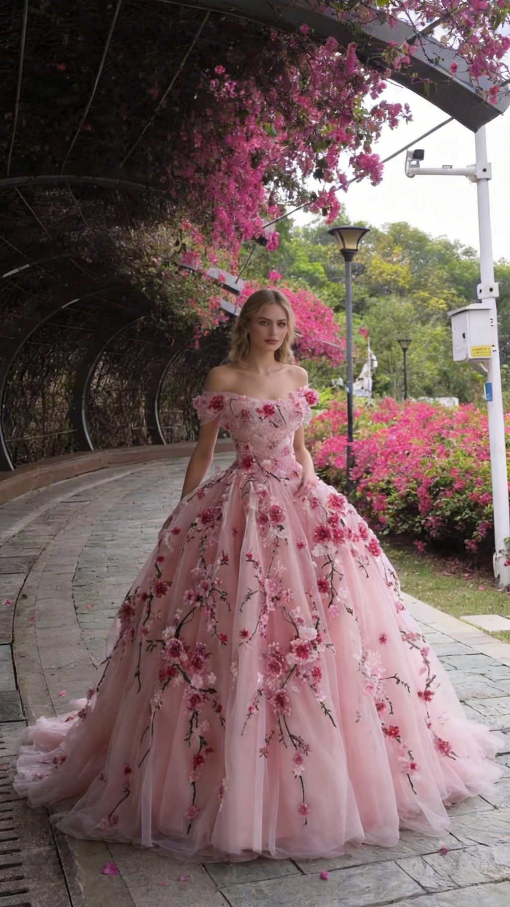 Classy Off The Shoulder Tulle 3D Flowers Ball Gown,Pink A Line Prom Dress Y8364 by simplepromdress